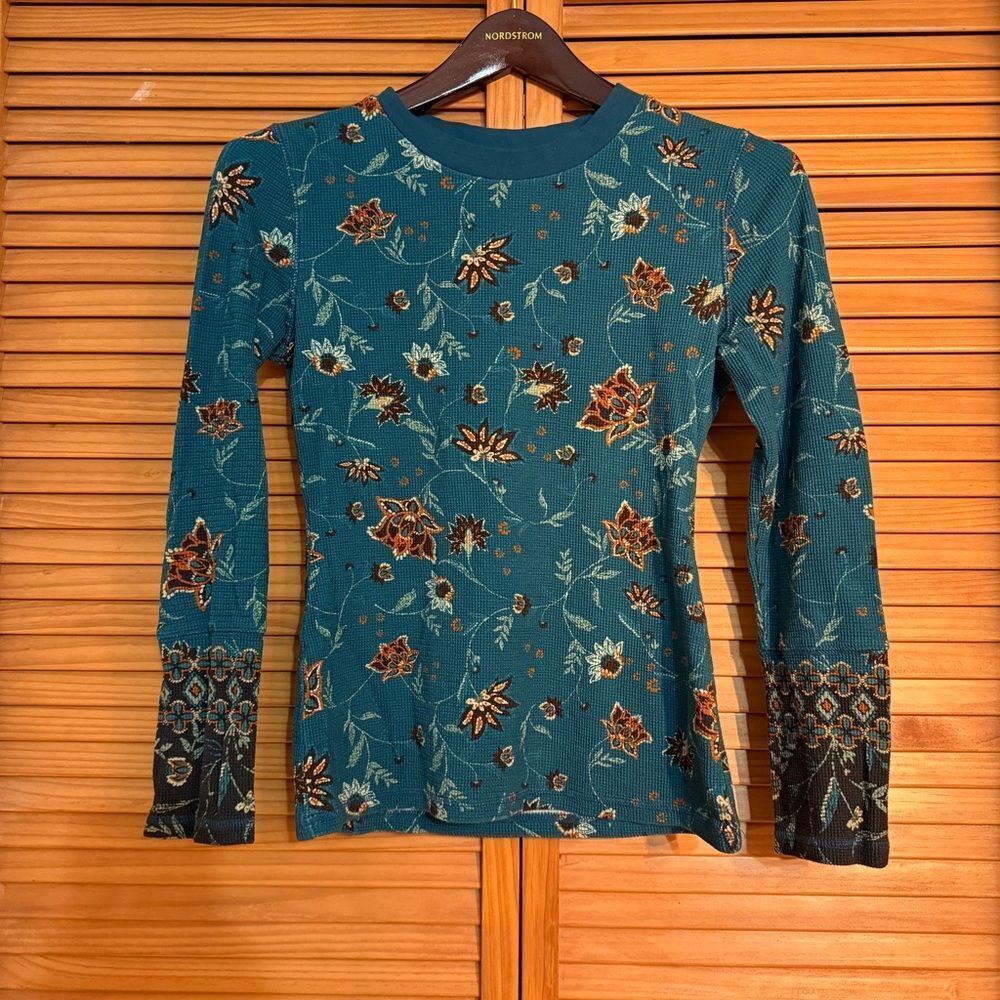 Sundance Teal and Brown Floral Long Sleeve Top small